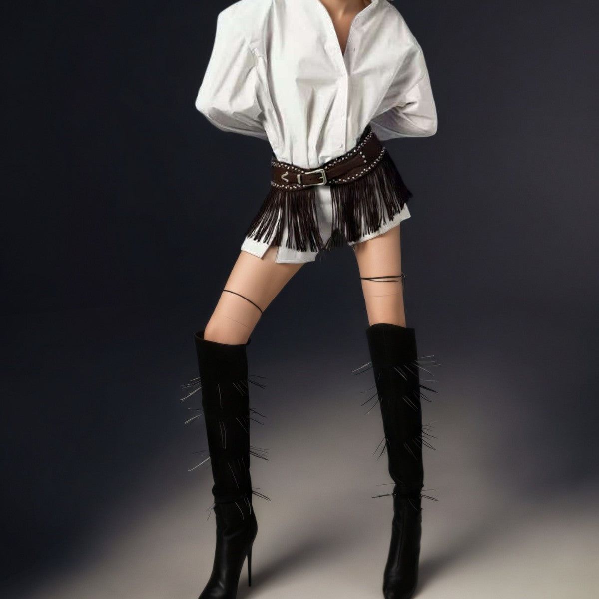 Blavique Studded Fringe Faux Leather Waist Belt