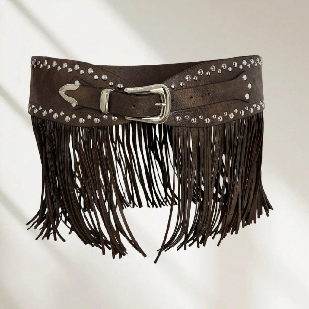 Blavique Studded Fringe Faux Leather Waist Belt